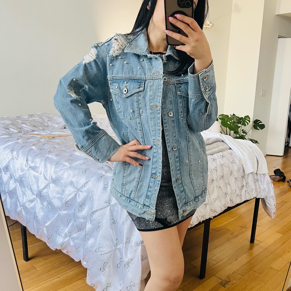 $545 Jonathan Simkhai Distressed Light Blue Denim Jacket S